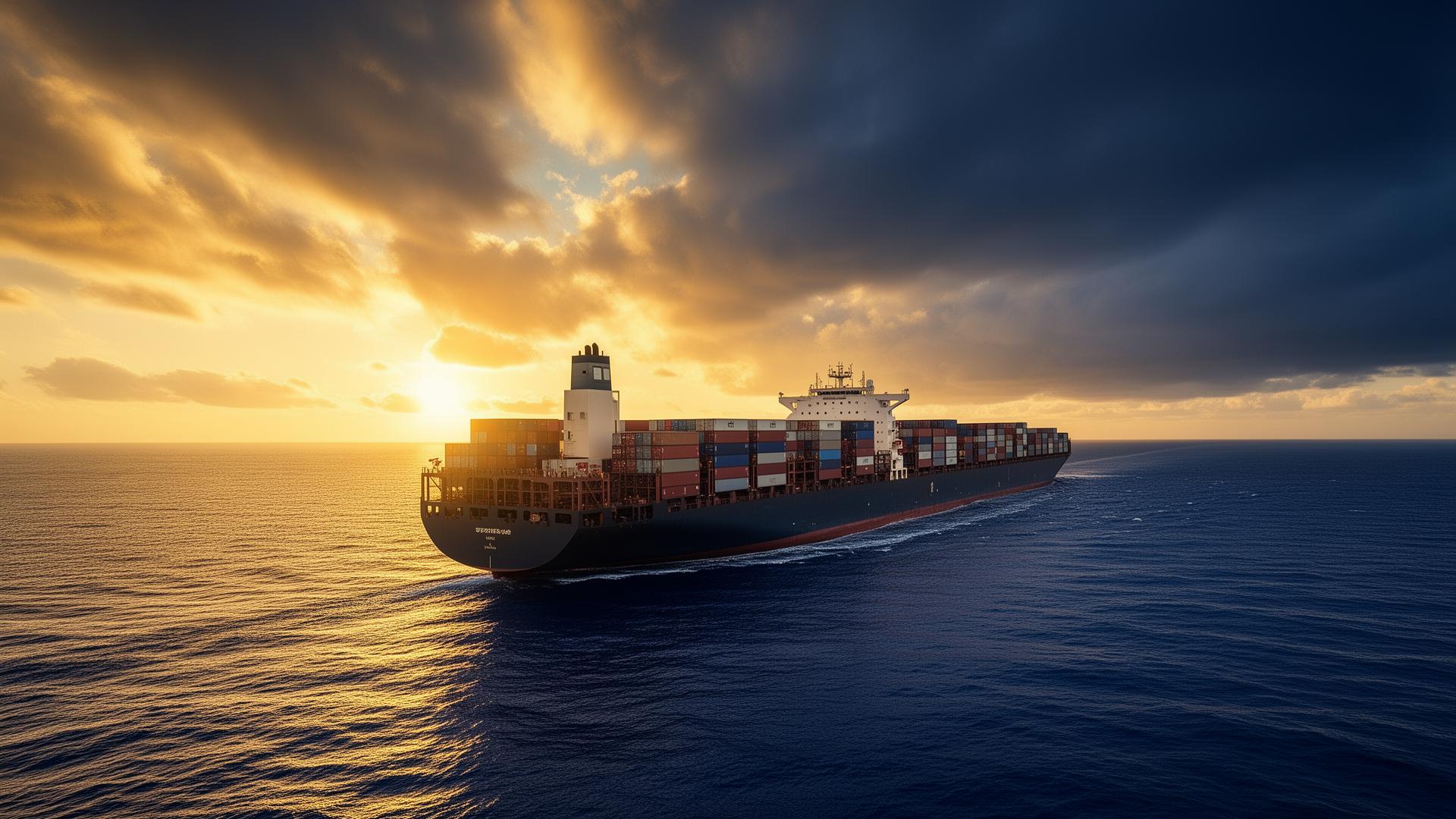 Cargo ship at sea during golden hour